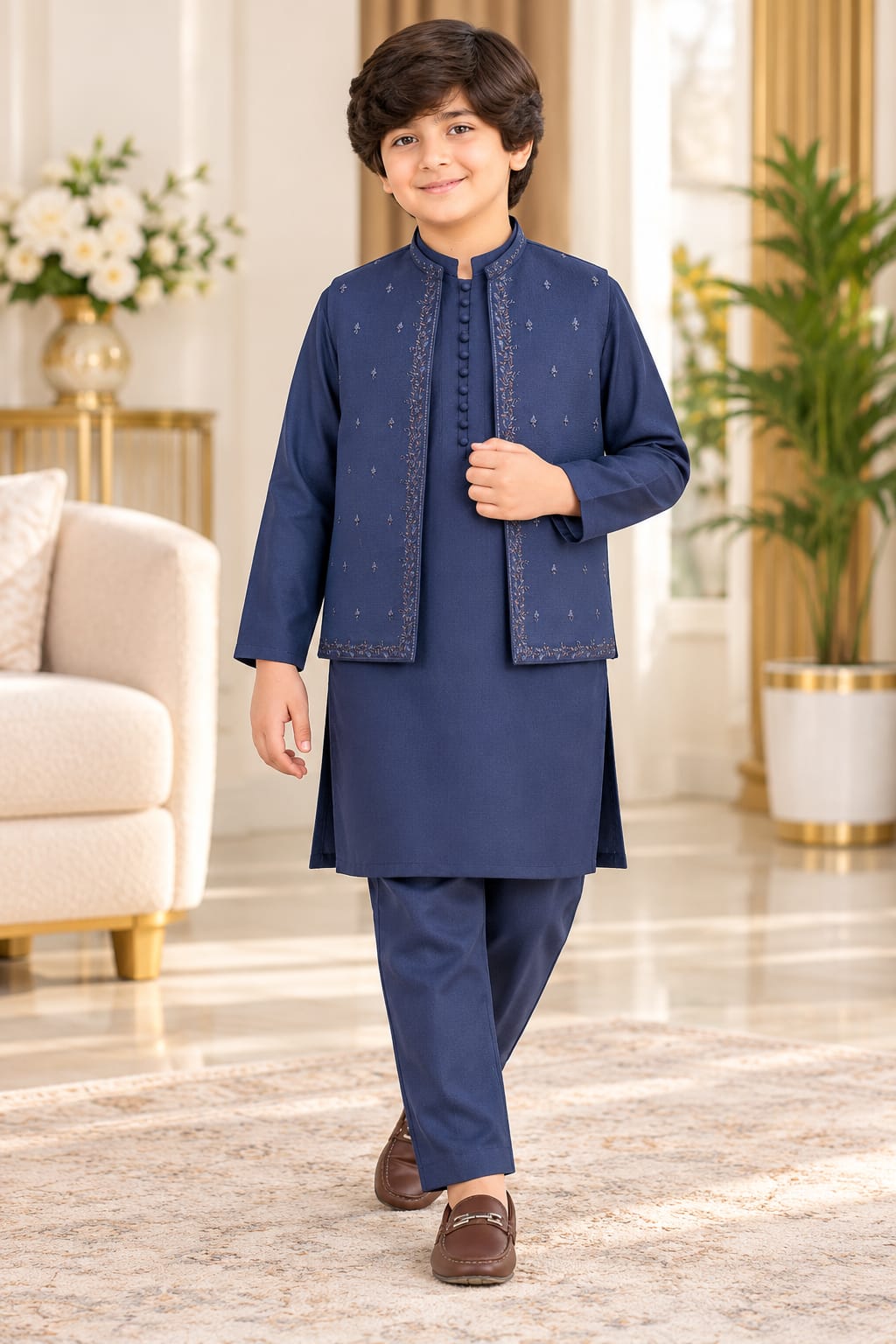 Boys’ Navy Blue Kurta Trouser & Embroidered Waistcoat – 3-Piece Set