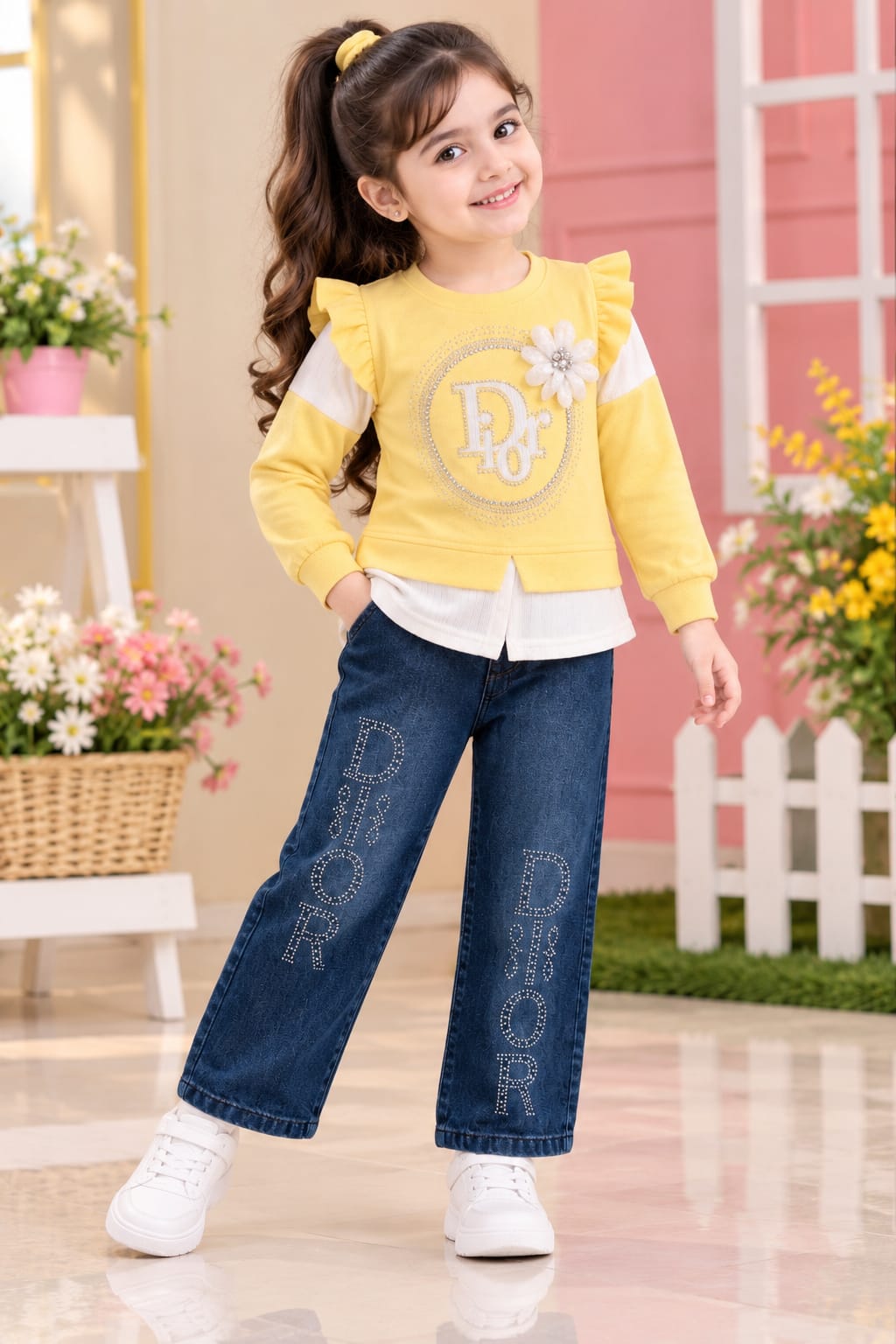 Girls’ Yellow Ruffle Top & Embellished Wide-Leg Jeans Set