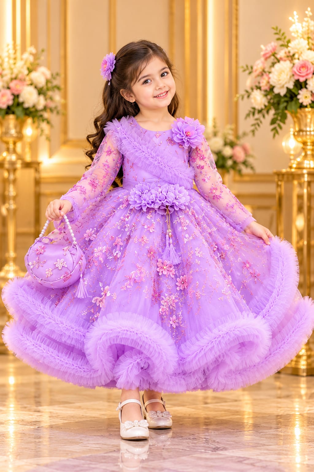 Girls’ Lilac Floral Embellished Party Dress