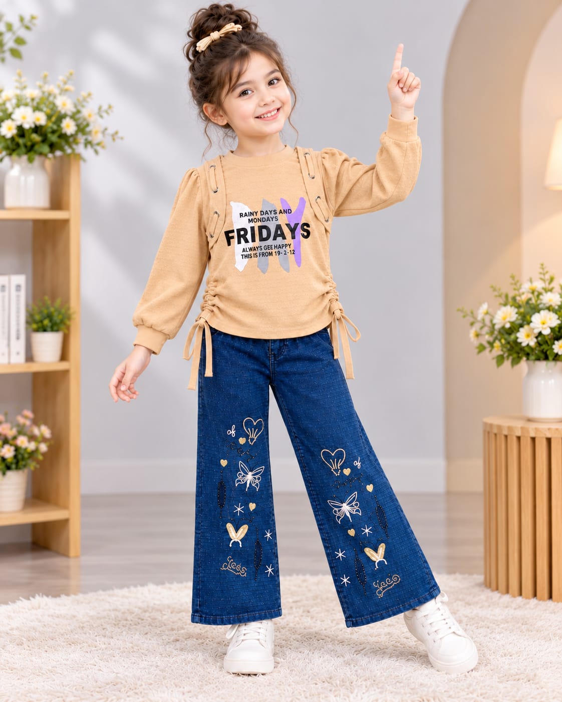 Girls’ Beige Graphic Top & Butterfly Wide-Leg Jeans Set