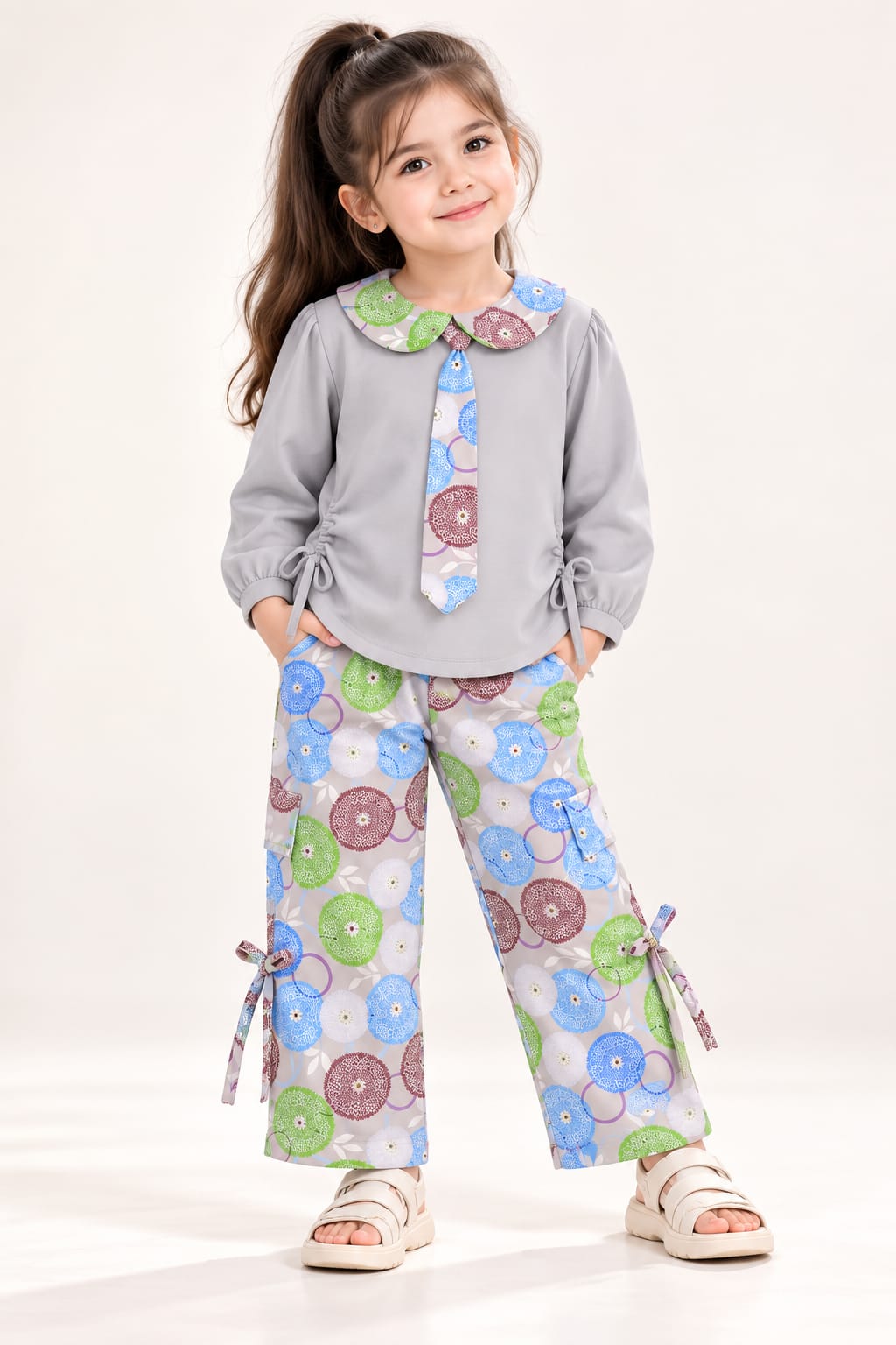 Girls’ Grey Collared Top & Colourful Printed Trouser Set