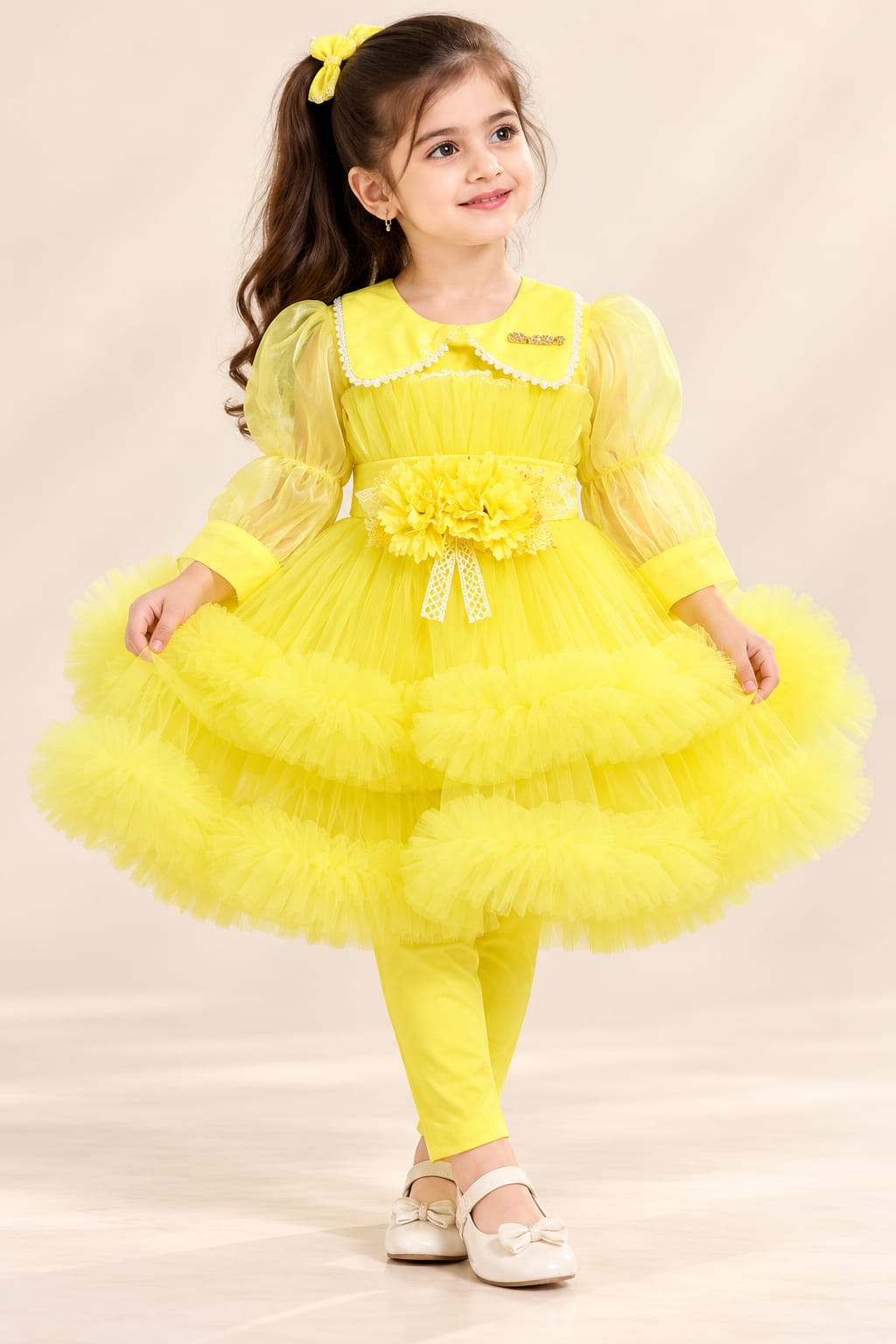 Girls’ Yellow Ruffle Party Frock & Trouser Set