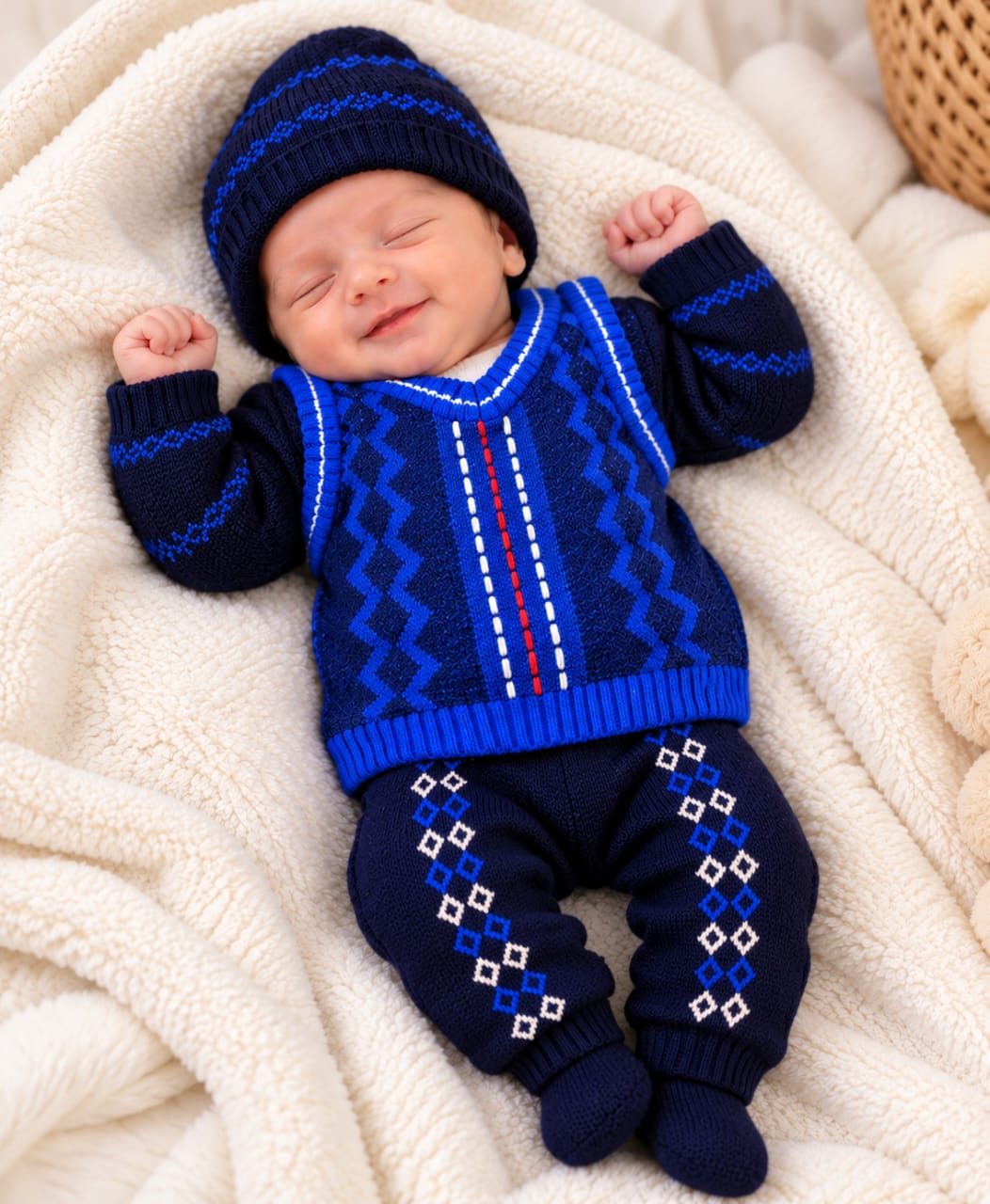 Baby Knit Outfit – Pink & Charcoal Geometric Design