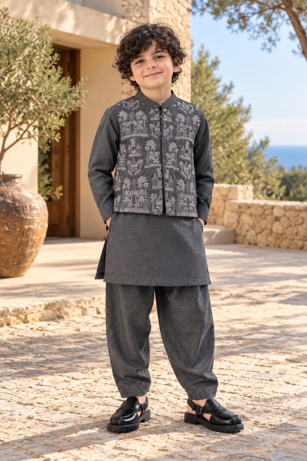 Boys’ Charcoal Grey Kurta Shalwar Set with Embroidered Waistcoat