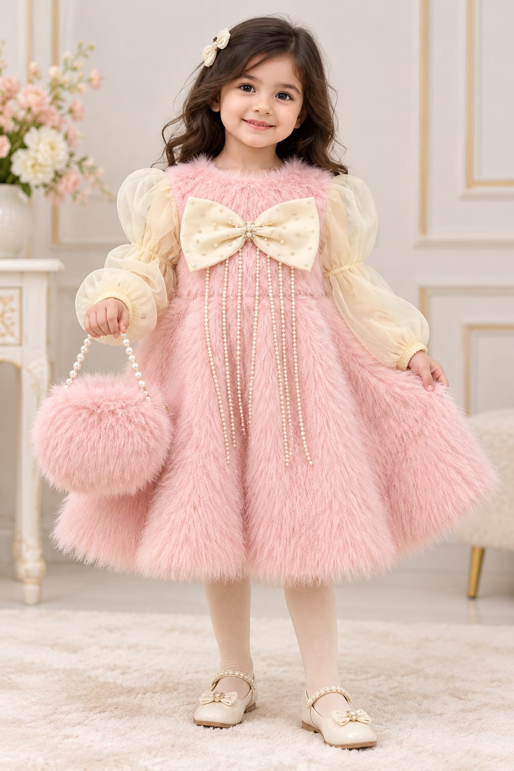 Girls’ Black Fluffy Party Dress with Cream Bow and Puff Sleeves