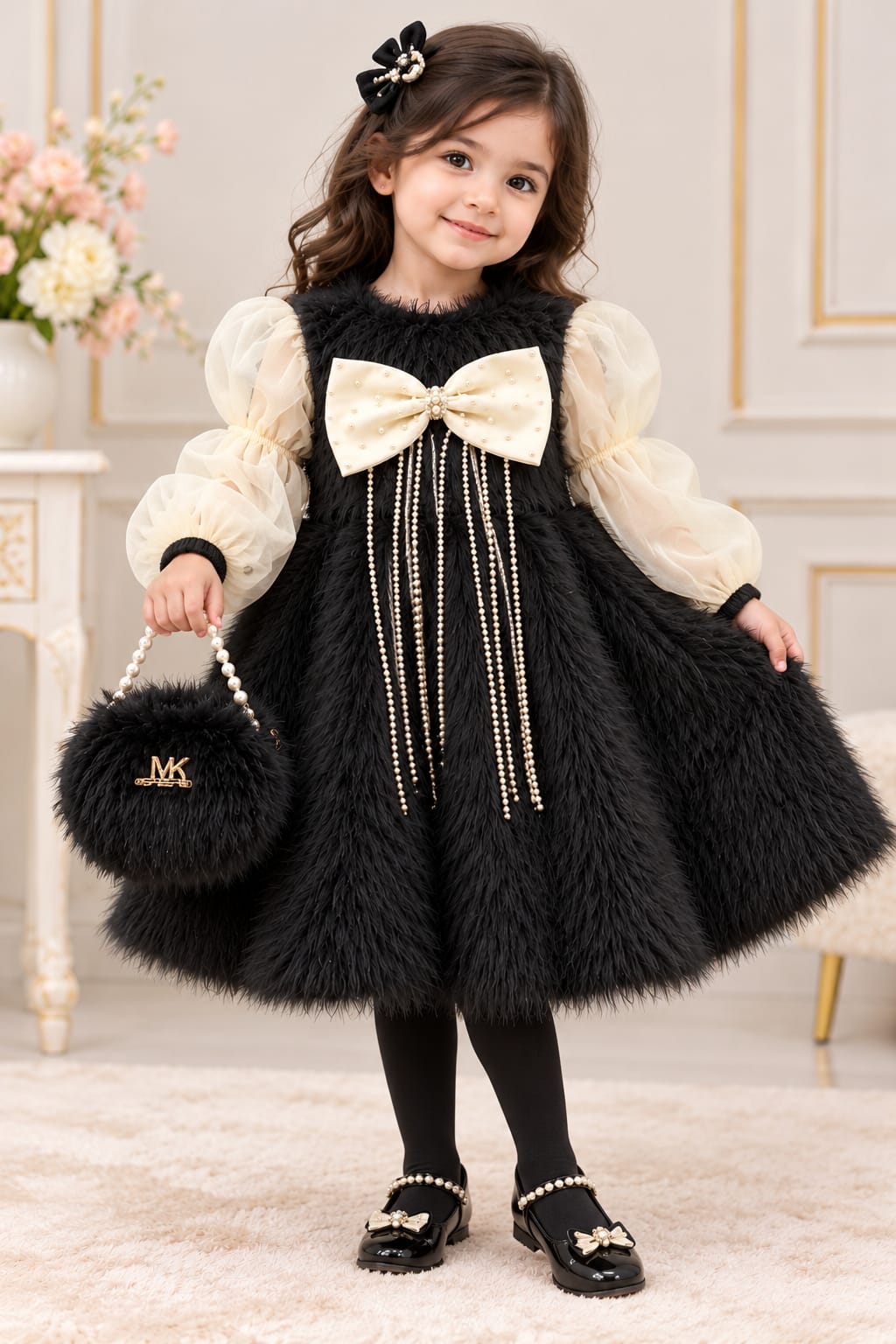Girls’ Black Fluffy Party Dress with Cream Bow and Puff Sleeves
