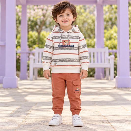 Striped Bear Hoodie & Rust Cargo Jogger Set – Ages 1–2 Years