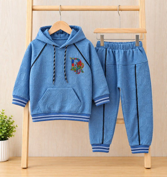 Kids Blue Textured Hoodie & Jogger Set`