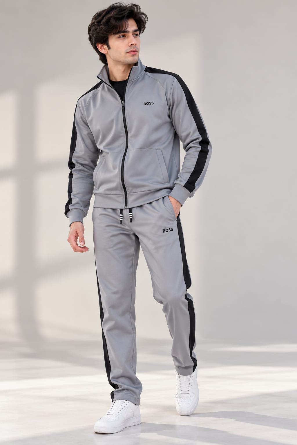 Men’s Grey & Black Side-Stripe fleese Tracksuit – 2-Piece Set