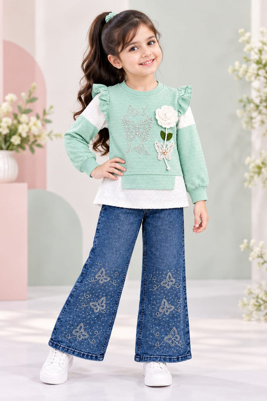 Girls’ Mint Green Butterfly Top & Embellished Flared Jeans Set