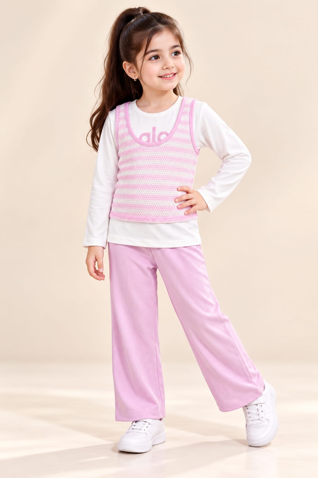 Girls’ Pink & White Layered-Look Top and Wide-Leg Trouser Set