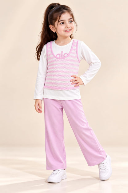 Girls’ Pink & White Layered-Look Top and Wide-Leg Trouser Set