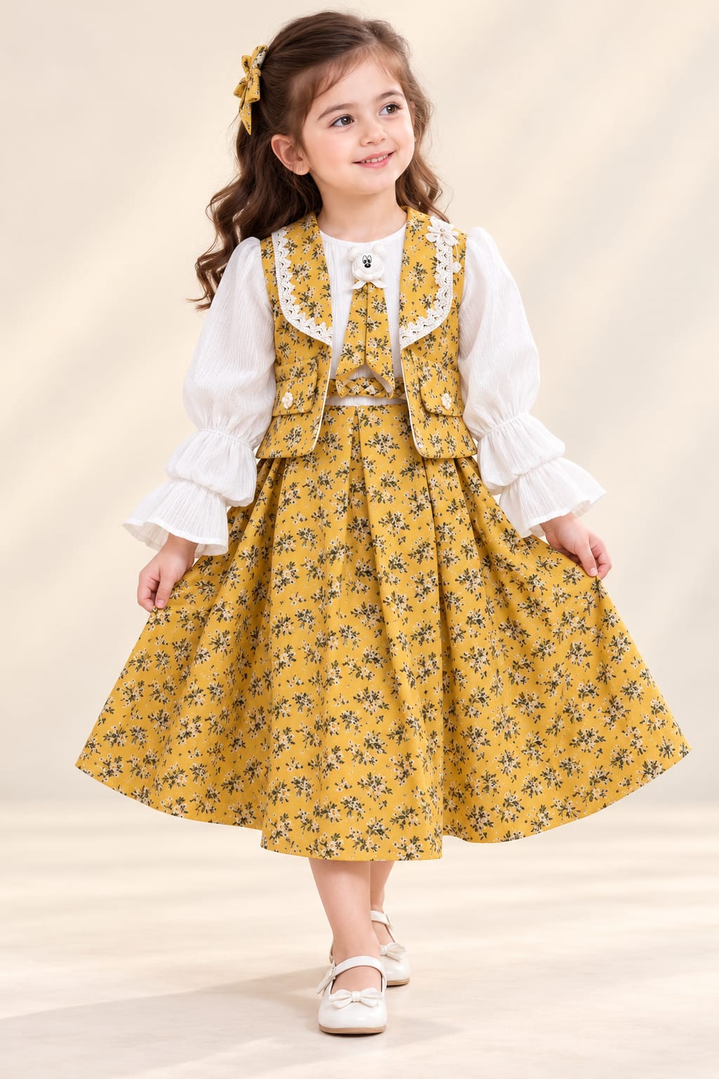 Girls’ Mustard Floral Dress with Matching Waistcoat