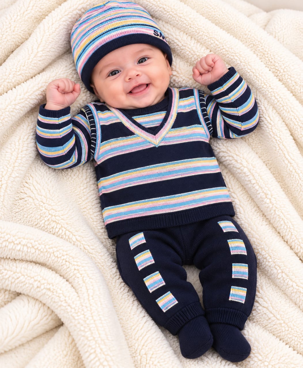 Baby Wool Knit Outfit – Navy & Pastel Stripes