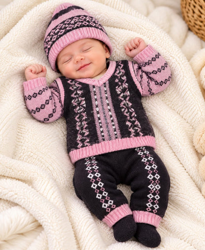 Baby Knit Outfit – Pink & Charcoal Geometric Design