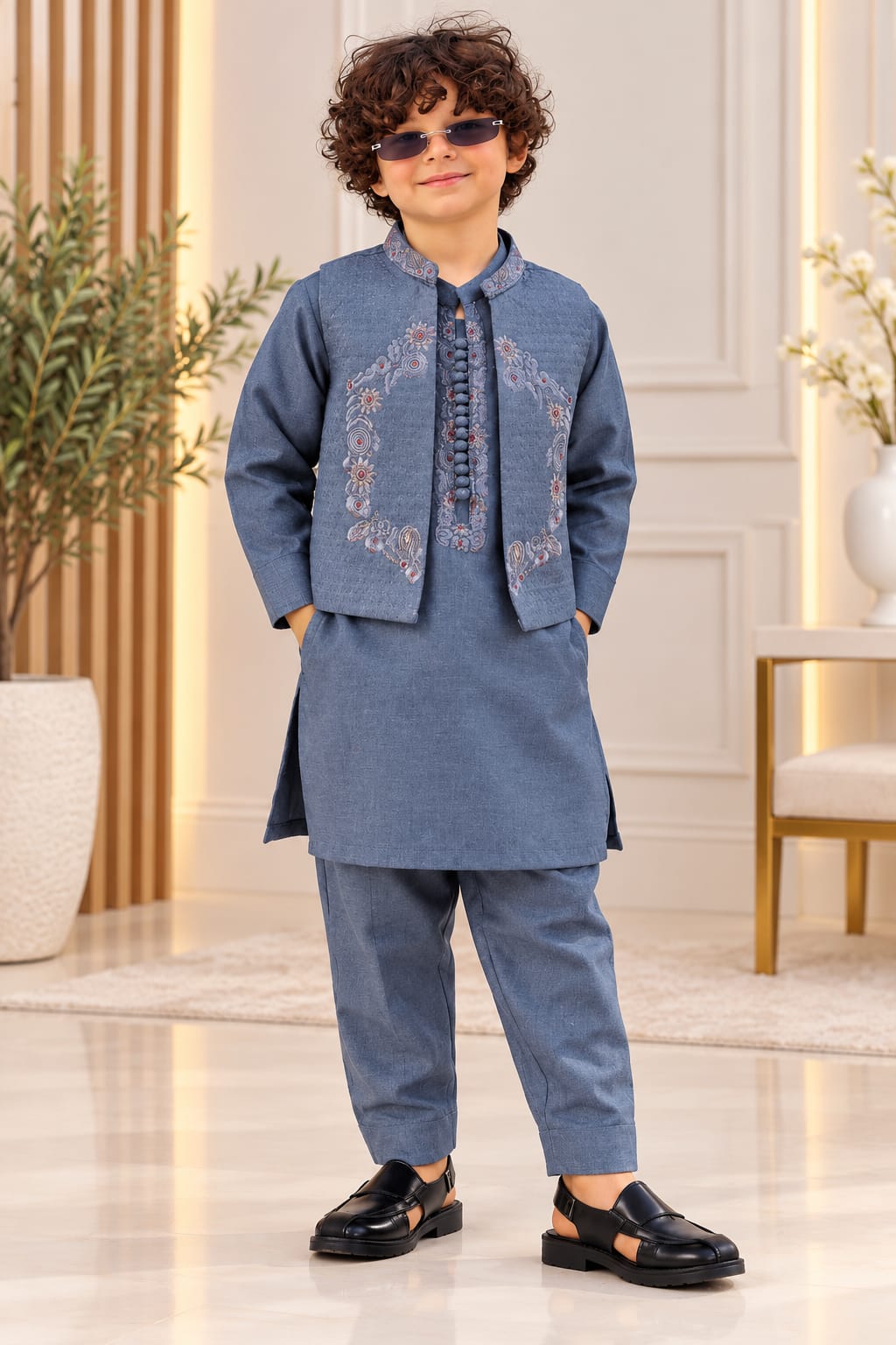 Boys’ Slate Blue Embroidered Kurta Trouser Set with Waistcoat