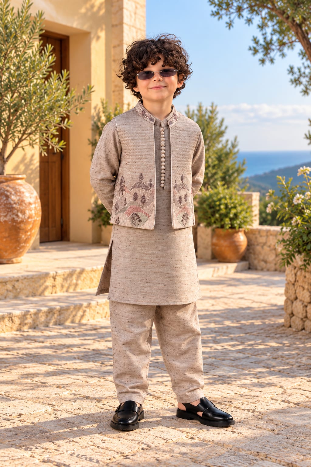 Boys’ Beige Kurta Trouser Set with Embroidered Waistcoat