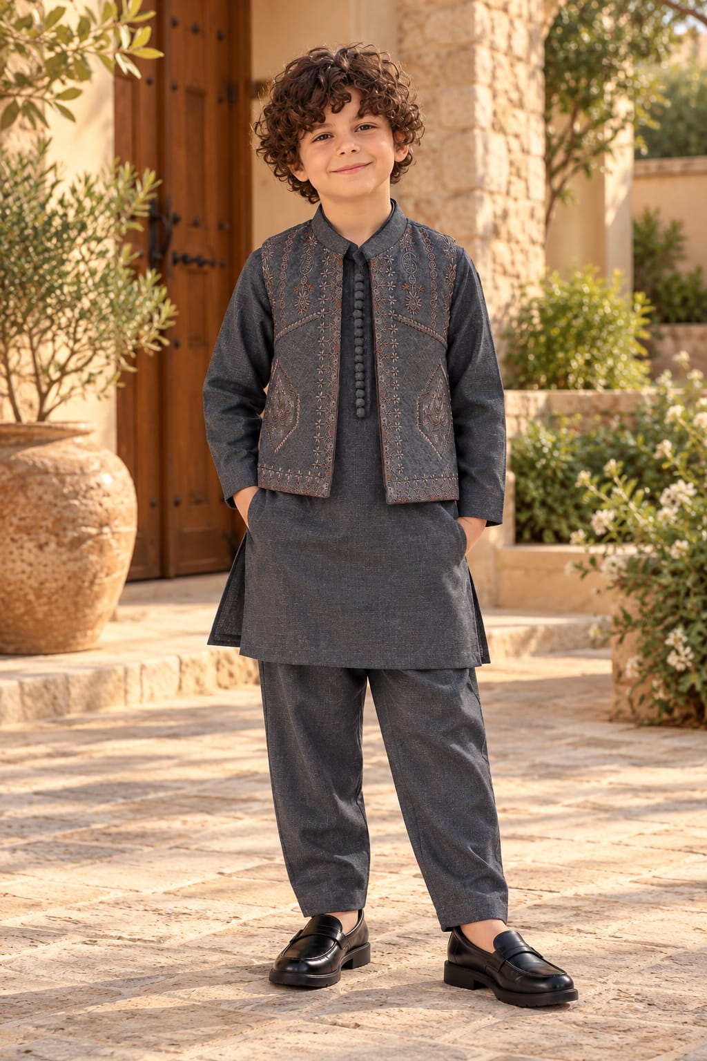 Boys’ Charcoal Grey Kurta Trouser Set with Embroidered Waistcoat