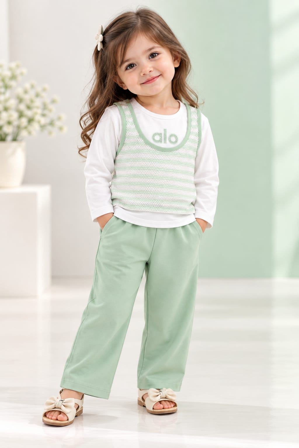 Girls’ Pink & White Layered-Look Top and Wide-Leg Trouser Set